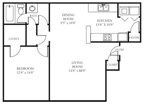 Floor plan for 1 bed, 1 bath, 798 sqft